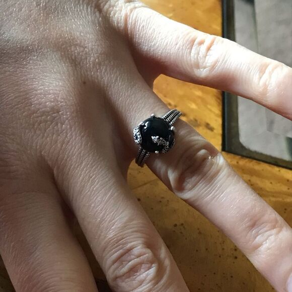 Natural Black Jade Sterling Silver Snake Ring Size 6 - Picture 2 of 9